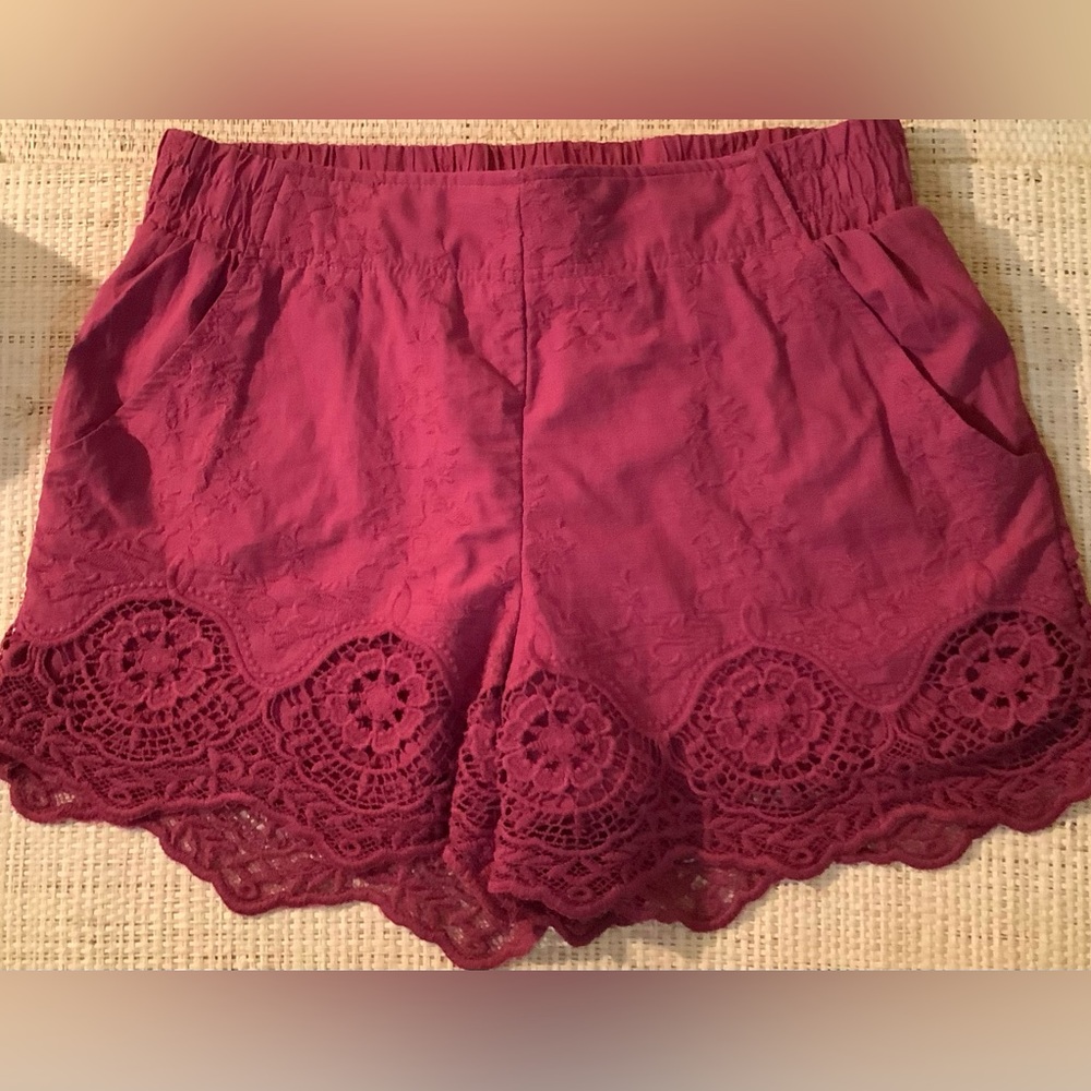 Currant Burgundy Shorts Lace Embroidered Lace Shorts